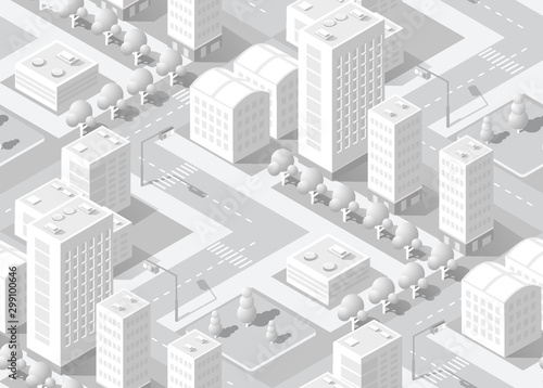 Urban isometric area with building trees lawns