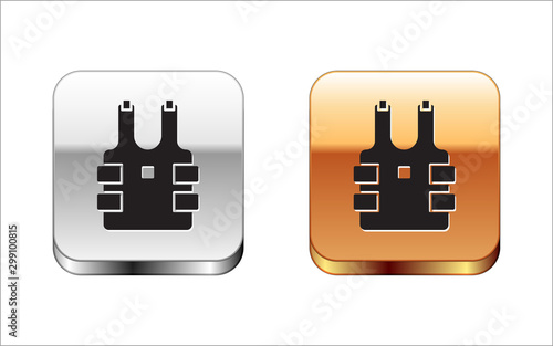 Black Bulletproof vest for protection from bullets icon isolated on white background. Body armor sign. Military clothing. Silver-gold square button. Vector Illustration
