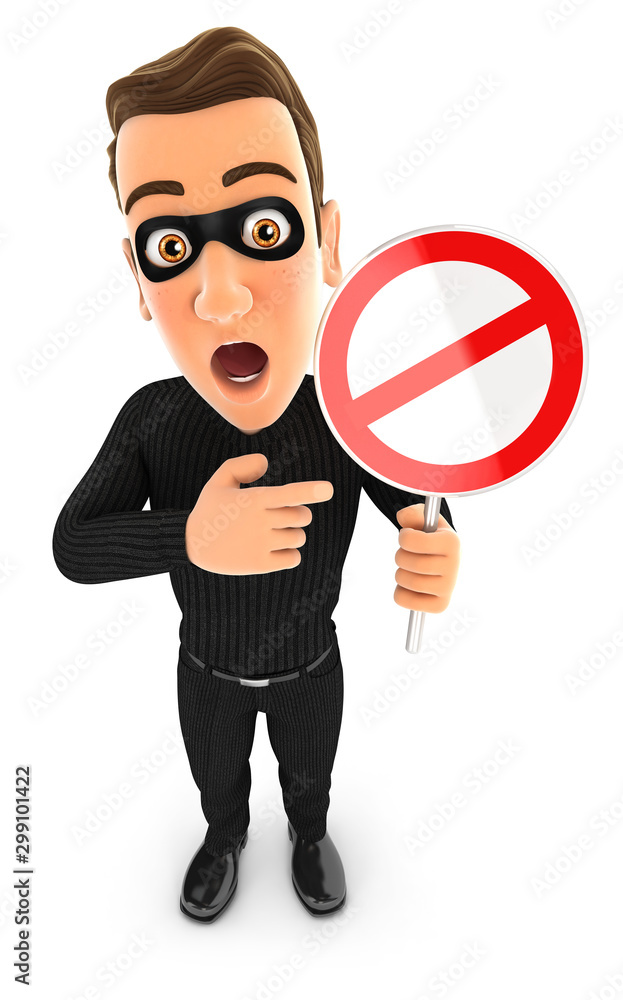 3d thief holding forbidden road sign