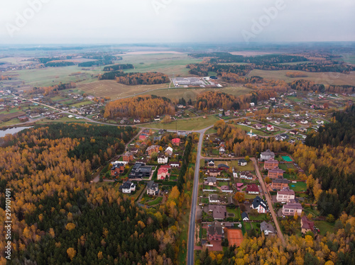 Nature in autumn. Forests, fields, meadows, lake, river and village. View from the sky. The photo was taken by a copter. Panorama. The concept is a favorable environment. Blue sky. Background.