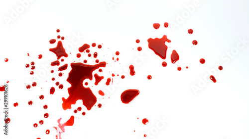 Red blood drops on a white background, Top view Blank for design..