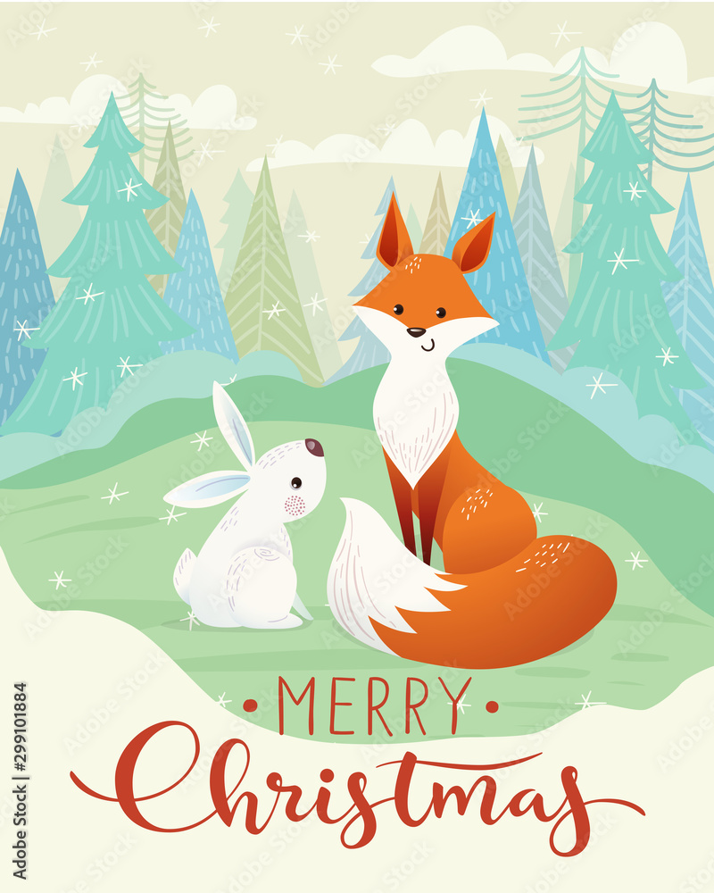 Plakat Merry Christmas card with fox and rabbit.