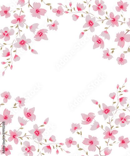 frame with pink flowers, watercolor cherry blossom decorative frame © IBeart