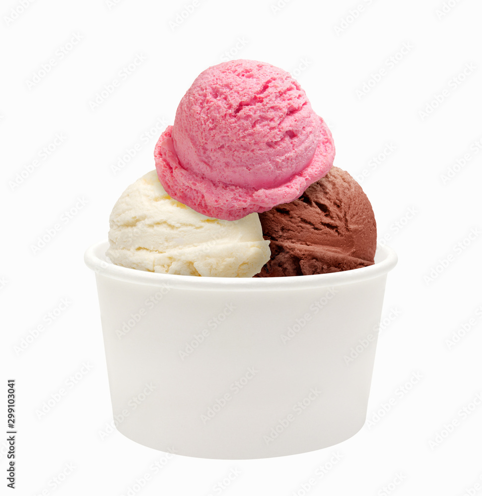 Chocolate, vanilla, strawberry ice cream scoops in paper cup isolated