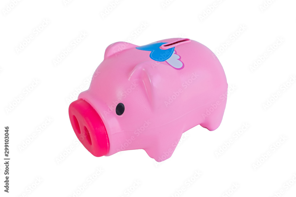 Pink pig piggy bank, white background, isolated