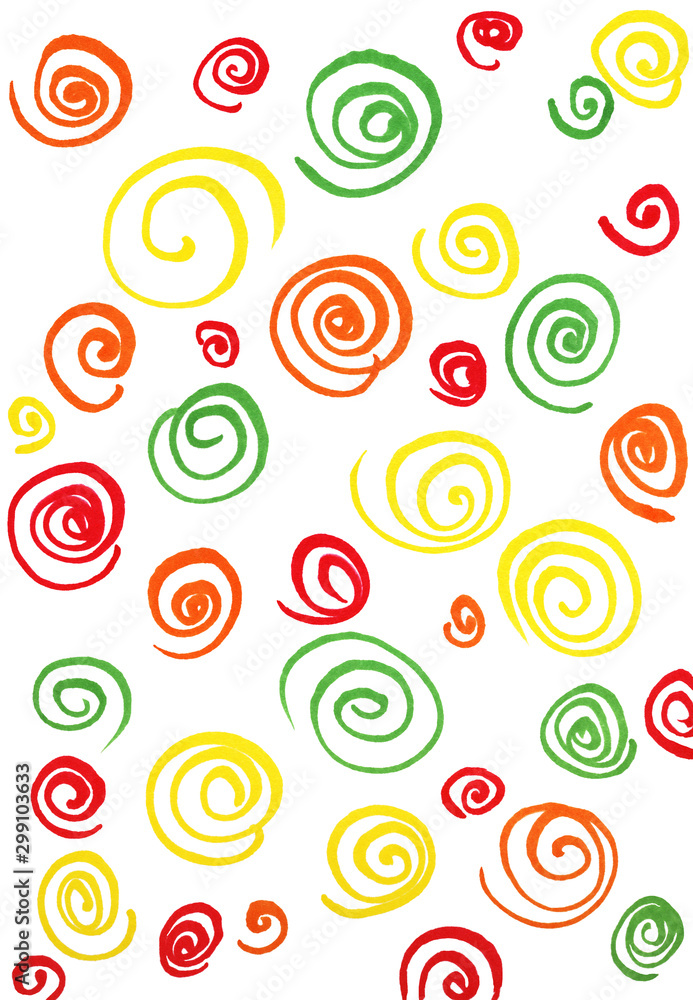 Abstract fun background with multi-colored hand-drawn spirals. Ideal for baby and kid design and decoration