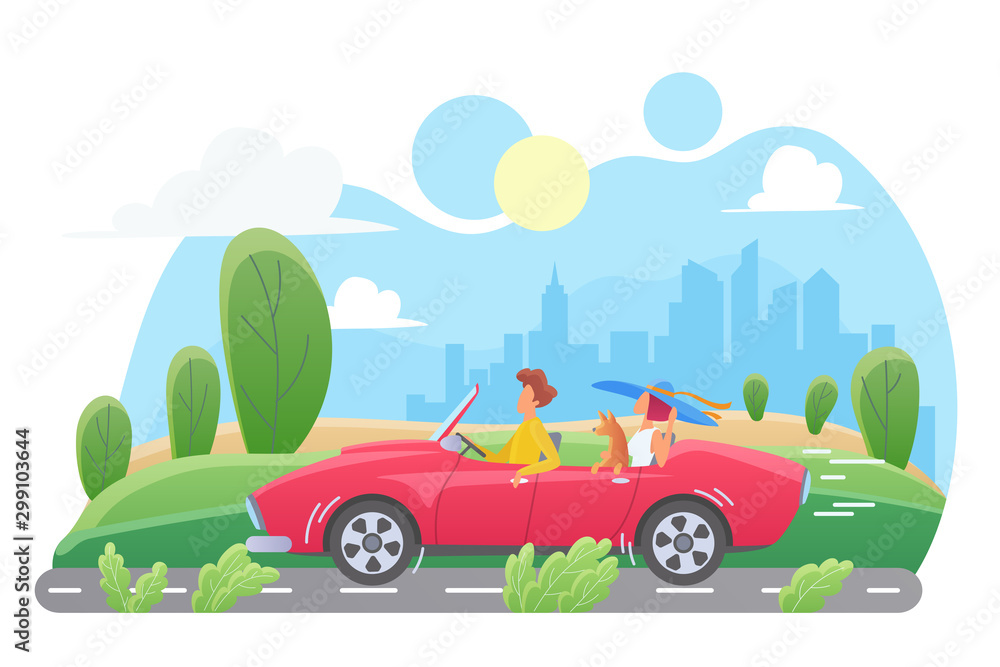 Car travel flat vector illustration. Couple with dog in cabriolet cartoon characters. Man and woman traveling with pet. Family road trip on weekend. Cityscape, skyscrapers. Summer vacation, journey