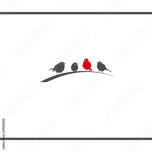 Four little birds sitting on twig. Be different. Logo design template.