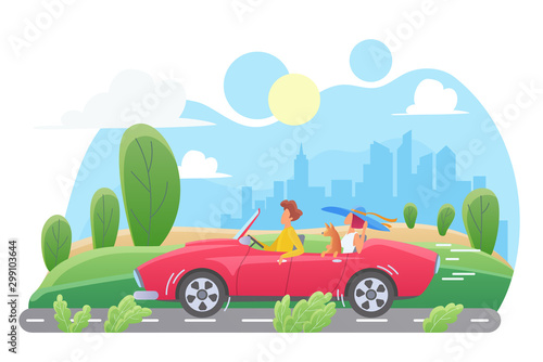 Car travel flat vector illustration. Couple with dog in cabriolet cartoon characters. Man and woman traveling with pet. Family road trip on weekend. Cityscape  skyscrapers. Summer vacation  journey