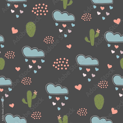 Seamless Pattern with cacti, hearts and clouds raining with hearts