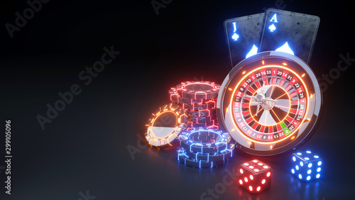 BlackJack Poker Cards, Casino Roulette Wheel Concept Design - 3D Illustration