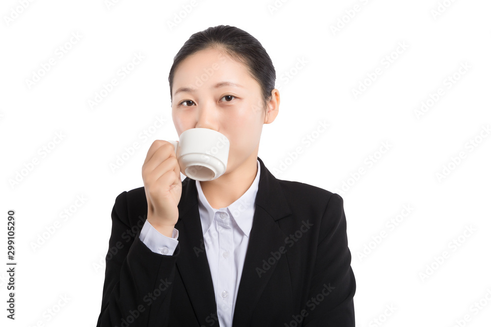Business woman portrait with cup , isolated. Female model with long hair. Business woman portrait with cup , isolated. Female model with long hair.