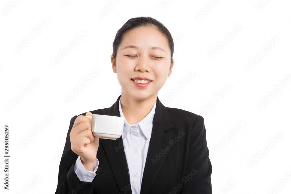 Business woman portrait with cup , isolated. Female model with long hair. Business woman portrait with cup , isolated. Female model with long hair.
