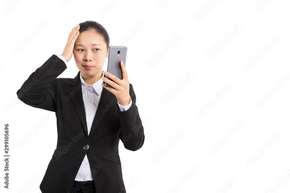 Young Business woman happy speaking mobile phone isolated on white background, model is a asian beauty Young Business woman happy speaking mobile phone isolated on white background, model is a asian beauty