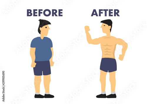 Before and after weight loss different of man’s body. Concept of slimming, weight loss or success bodybuilding.