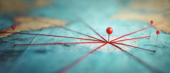 Find your way. Location marking with a pin on a map with routes. Adventure, discovery, navigation, communication, logistics, geography, transport and travel theme concept background.