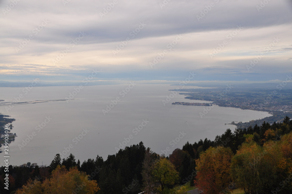 the Lake Constance seen from the top of the Pfänder, with Lindau island (Bavaria, Germany) on an autumn day, Voralberg, Austria