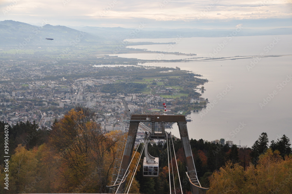 the cable car getting to the Pfänder mountain from Bregenz with Switzerland and the Lake Constance in the background, Voralberg, Austria