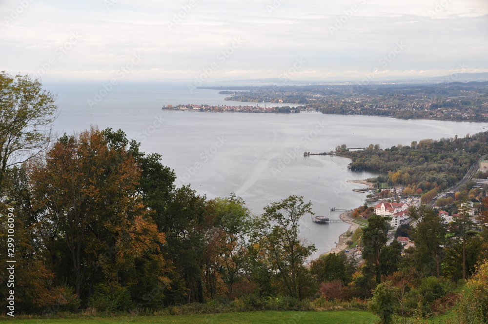 the Lake Constance seen from the top of the Pfänder, with Lindau island (Bavaria, Germany) on an autumn day, Voralberg, Austria