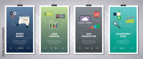 Internet banner set of report, accountancy and organization icons.