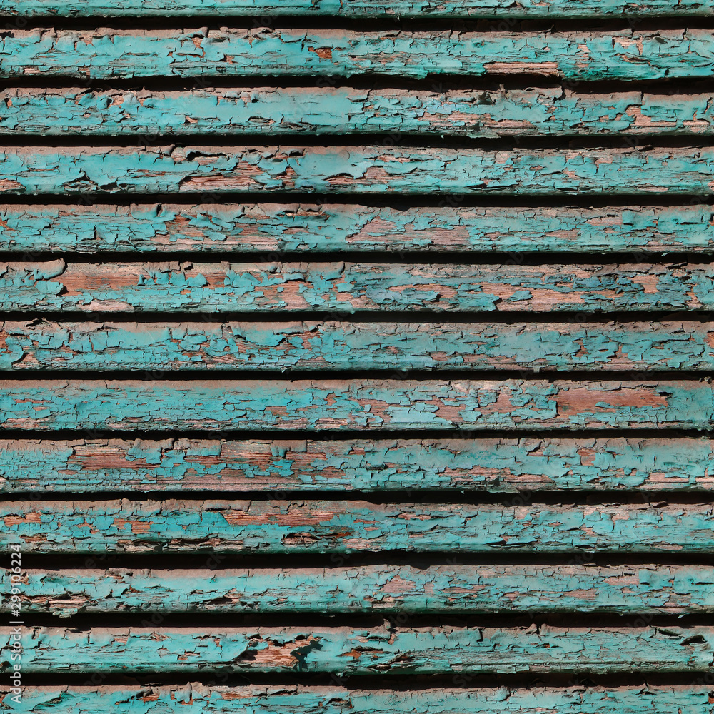 Seamless texture of old shabby weathered louvers (persiennes) with cracked blue paint. Marina di Pisa. Italy.