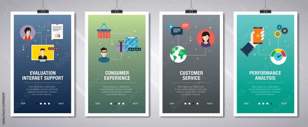 Internet banner set of evaluation, customer service and performance analysis icons.