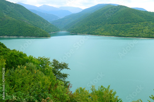 Beautiful Blue Water and the Landscape of Zhinvali or Jinvali Reservoir on the River Aragvi  Georgia
