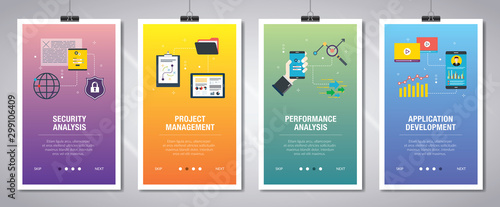 Internet banner set of security, project management, performance and application icons.