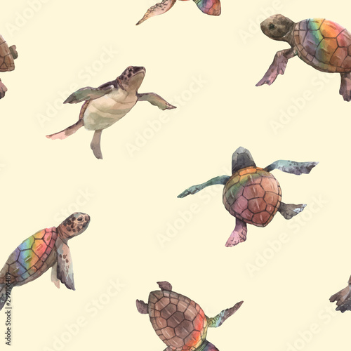 Watercolor vector rainbow small baby turtles colourful seamless pattern