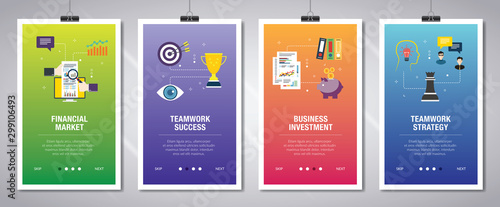 Financial market, teamwork success, business icons.
