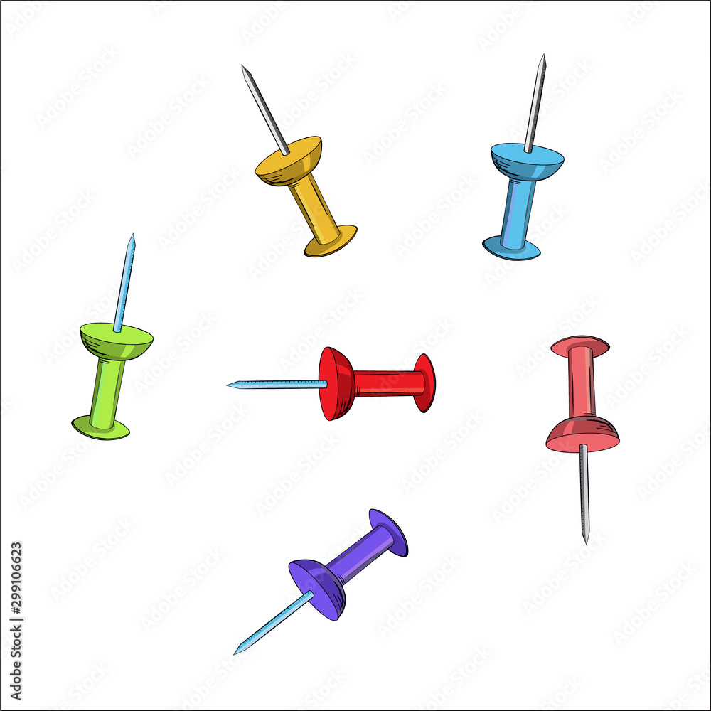 Collection of push pins. Set of push pins in different colors. Thumbtacks. Collection of push pins. Set of push pins in different colors. Thumbtacks.