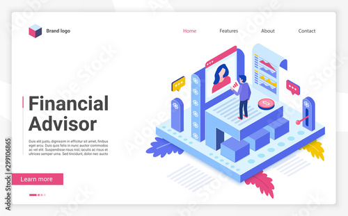 Financial advisor vector isometric landing page template. Business strategy website homepage interface layout. Investment advisory, consulting. Budget planning web banner, webpage 3D concept