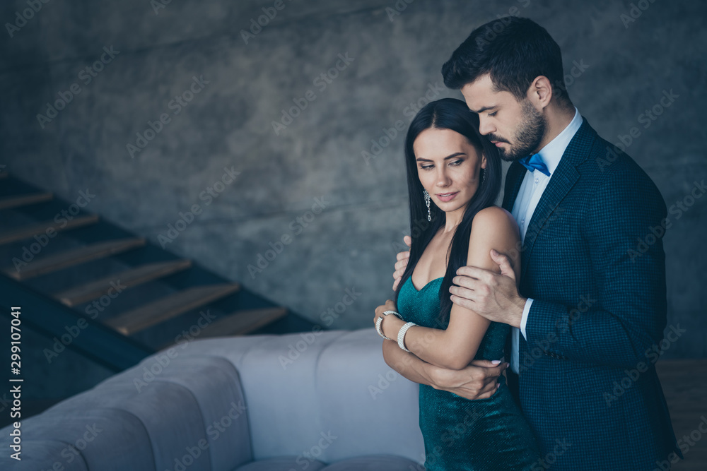 Photo of two affectionate stylish trendy people couple guy and