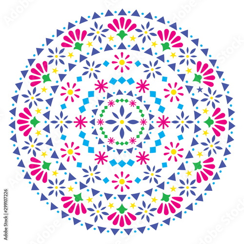 Mexican vector mandala design, folk art bohemian pattern with flowers and abstract shapes inspired by folk art from Mexico
