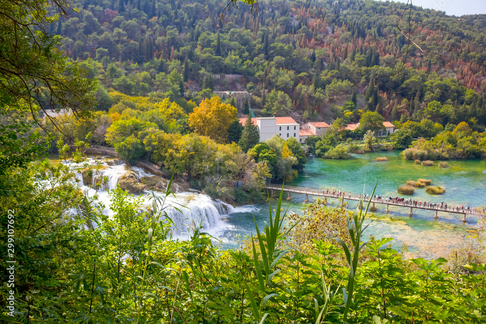 Bridge at the Skradinski Buk Waterfall on the Krka River, Croatia