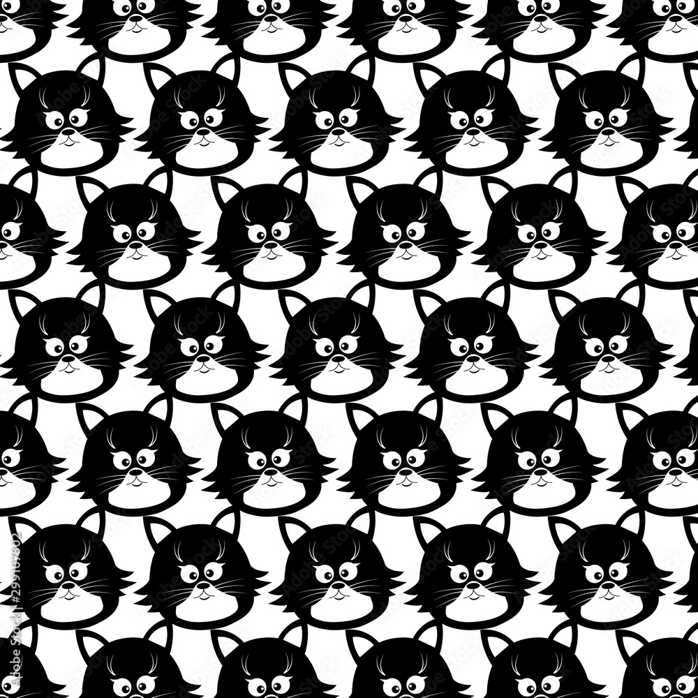 Seamless pattern with cute faces of cats. Black-white vector illustration isolated on a white background. For printing on wallpaper, wrapping paper, fabric, children's clothing.