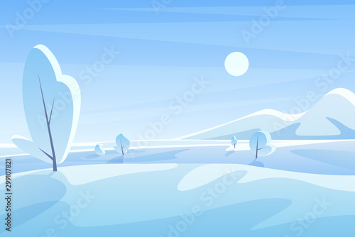 Blue winter landscape flat vector illustration. Scenic view with snowy field and mountains under sky. Sunny cold day. Wintertime outdoor scene. Seasonal nature background with snow