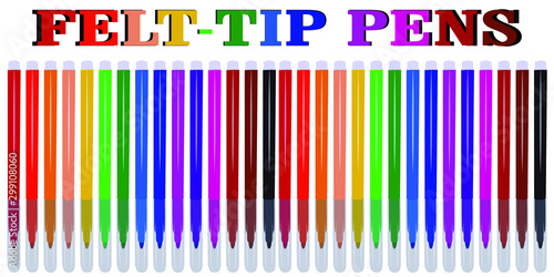 Set of markers with primary colors for drawing. For the sale and advertising of markers and their application. Felt pen for drawing courses. Set of markers with a cap for children.
