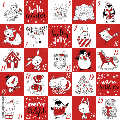 Winter Advent Christmas calendar with characters and handwritten text.