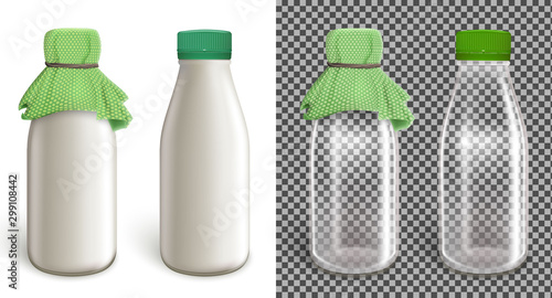 Set of four plastic bottles. The lid is plastic and the paper is wrapped with rope. Layout for labeling, design of dairy products. Capacity with yogurt. Isolated transparent background. Vector.