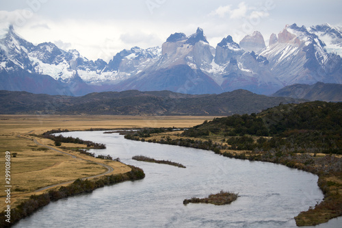 The Rio Serrano and the plains below the mountains of the Torres del Paine, Torres del Paine National Park, Chile