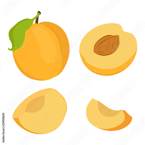 fruit orange apricot, cut sliced. Apricot pattern consisting of label, natural design, sign tropical food. Eat sweet fresh raw fruits apricots