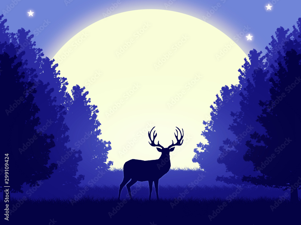 Night forest scenery with a silhouette of a deer.