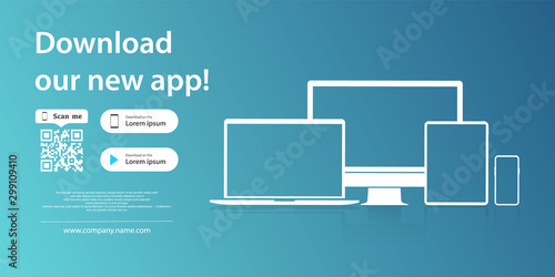 Download page of the mobile app. Simple blank banner for your application on the screen of a smartphone tablet and computer. Mock up of device icon for download app. Download buttons