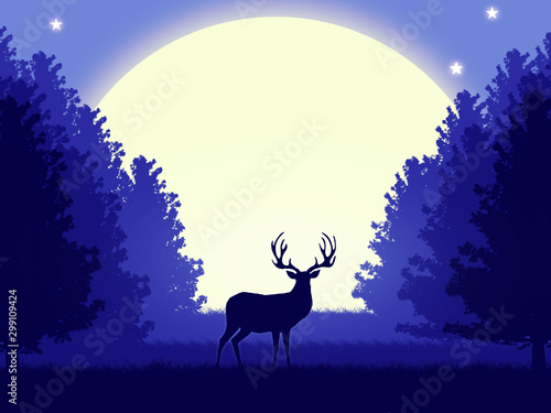 Night forest scenery with a silhouette of a deer. © Kamila