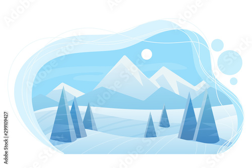 Snowy mountains and forest flat vector illustration. Blue winter landscape in cloud. Spruces in grove. Scenic nature view in cold sunny day. Seasonal background. Wintertime outdoor scene with snow © lembergvector