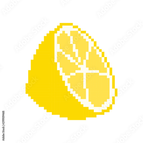 Lemon in cut pixel art icon, fruit logo. Isolated vector illustration. Game assets 8-bit sprite. Design for stickers, web, mobile app.