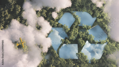 Eco friendly waste management concept. Recyclyling sign in a lake shape in the middle of dense amazonian rainforest vegetation viewed from high above clouds with small yellow airplane. 3d rendering. photo