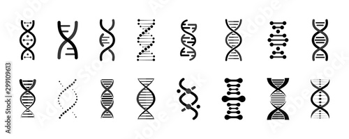 DNA icons set. Structure molecule, chromosome icon. Pictogram of Dna vector, genetic elements and icons collection. Molecule genome code, chromosome spirals and helix chains. Genetics Vector Design