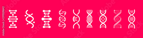 Set of DNA icons. Life gene model bio code genetics molecule medical symbols. Structure molecule, chromosome icon. Pictogram of Dna vector, genetic sign, elements and icons collection.
